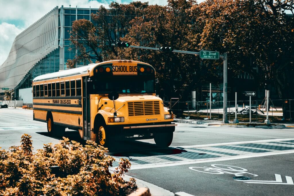A school bus on the move, identifying weak points and vulnerabilities for children at school and under public care is vital.