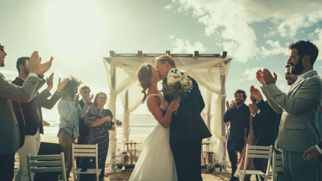 Bride and groom kissing at their beach wedding ceremony, applauded by guests, with security services provided by Global Risk Solutions, Inc.