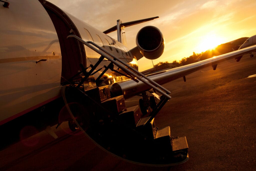 Private Jet on the air strip during sunset