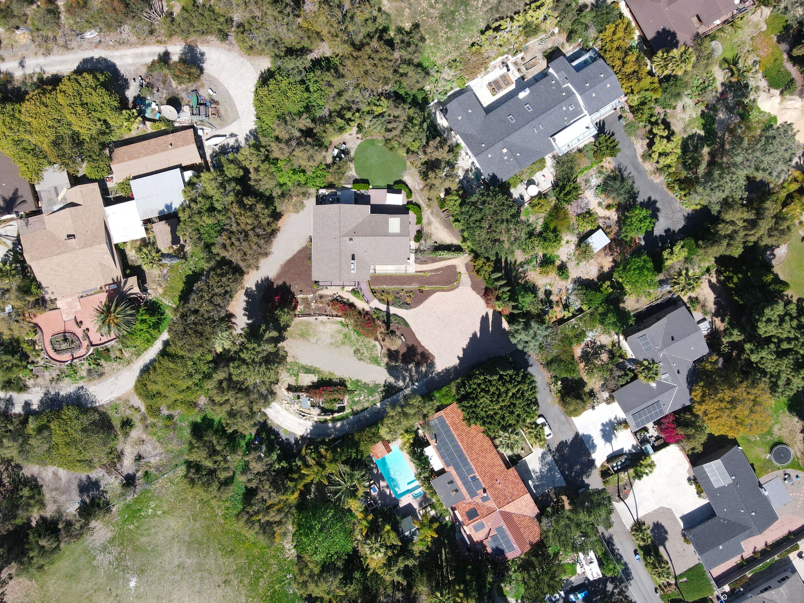 Overhead view of an exclusive property in Rancho Santa Fe showcasing potential security coverage areas for residential protection services.