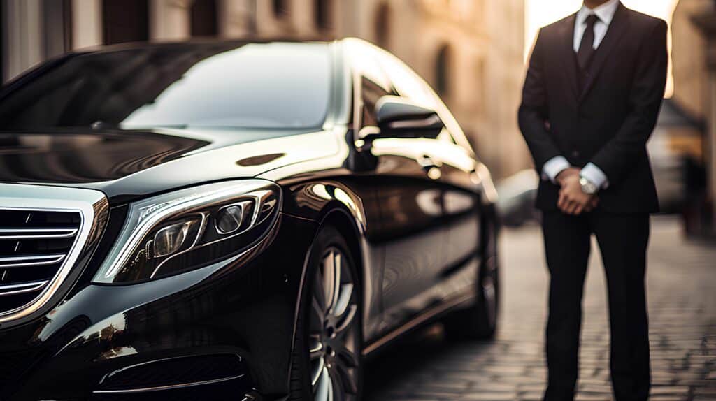 Security personnel standing by a luxury vehicle, ready to ensure safe and discreet transportation for Global Risk Solutions clients.