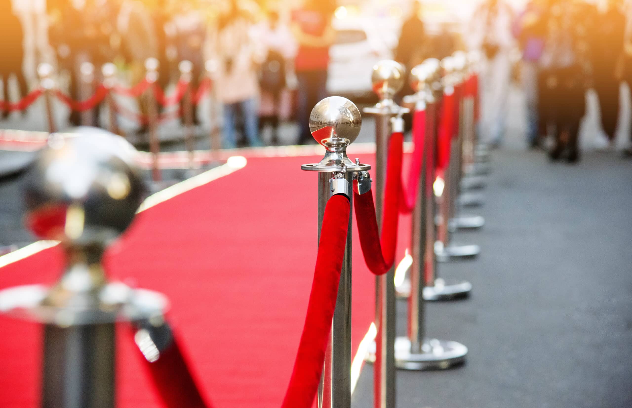Red velvet ropes lining the entrance of a VIP event, with Global Risk Solutions providing premiere security services in Santa Monica.