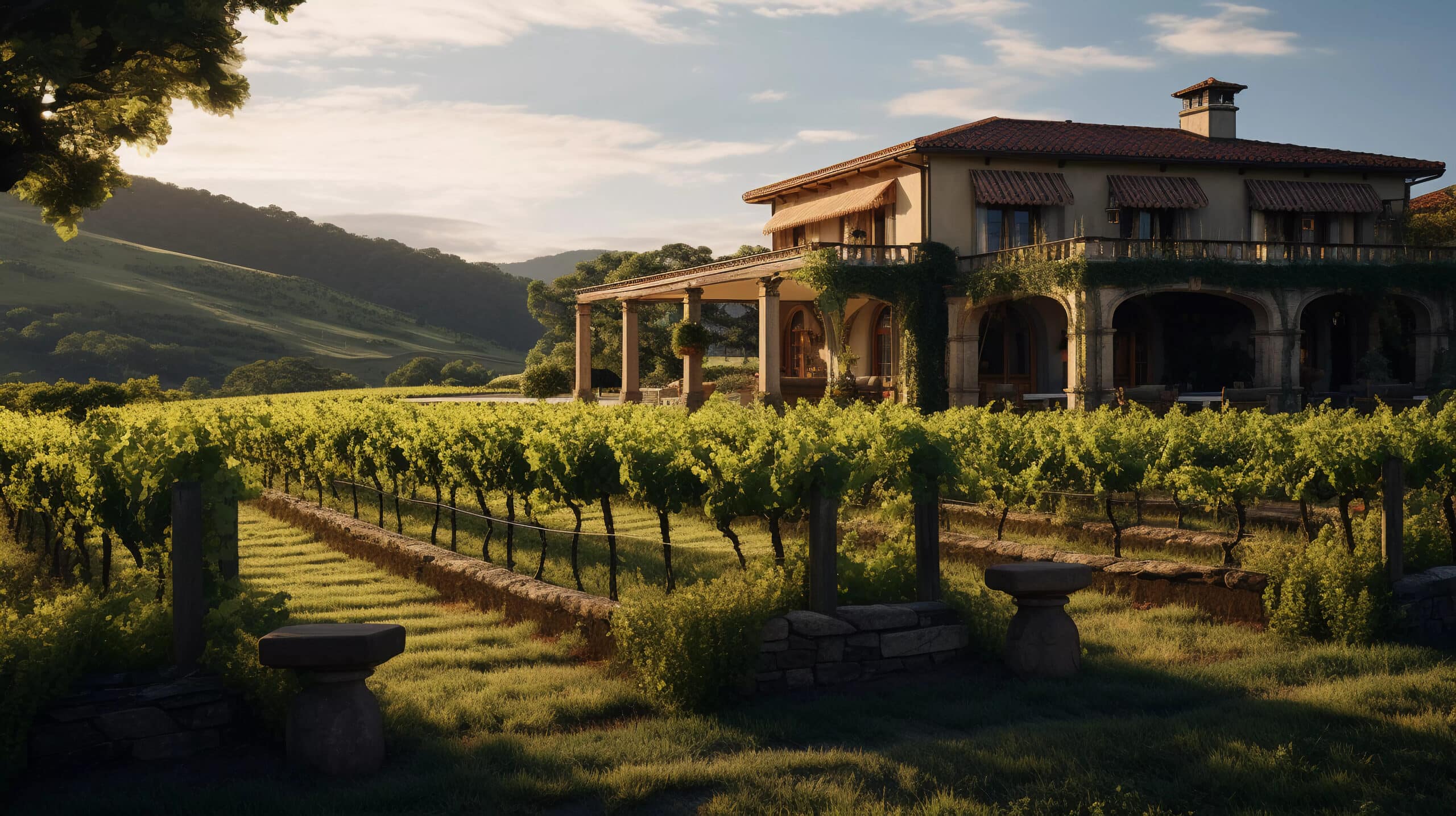 Sun-kissed Napa vineyard with secure estate in the background, under Global Risk Solutions' vigilant protection.