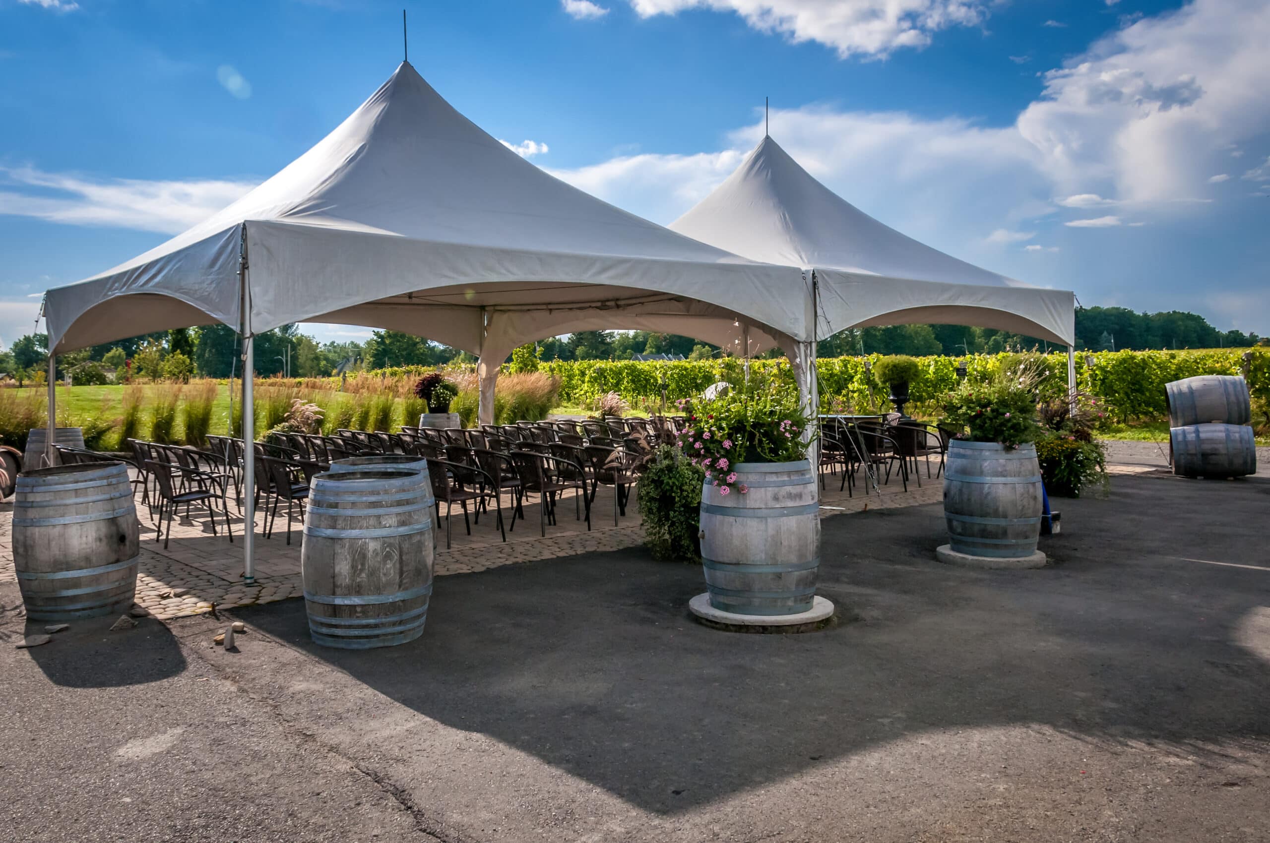 Outdoor Napa event under white marquee patrolled by Global Risk Solutions' security personnel.