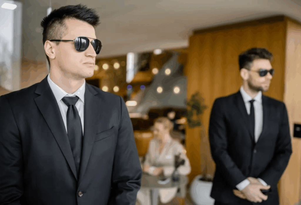 Sunglassed bodyguards providing Executive Protection for celebrities inside modern facility.