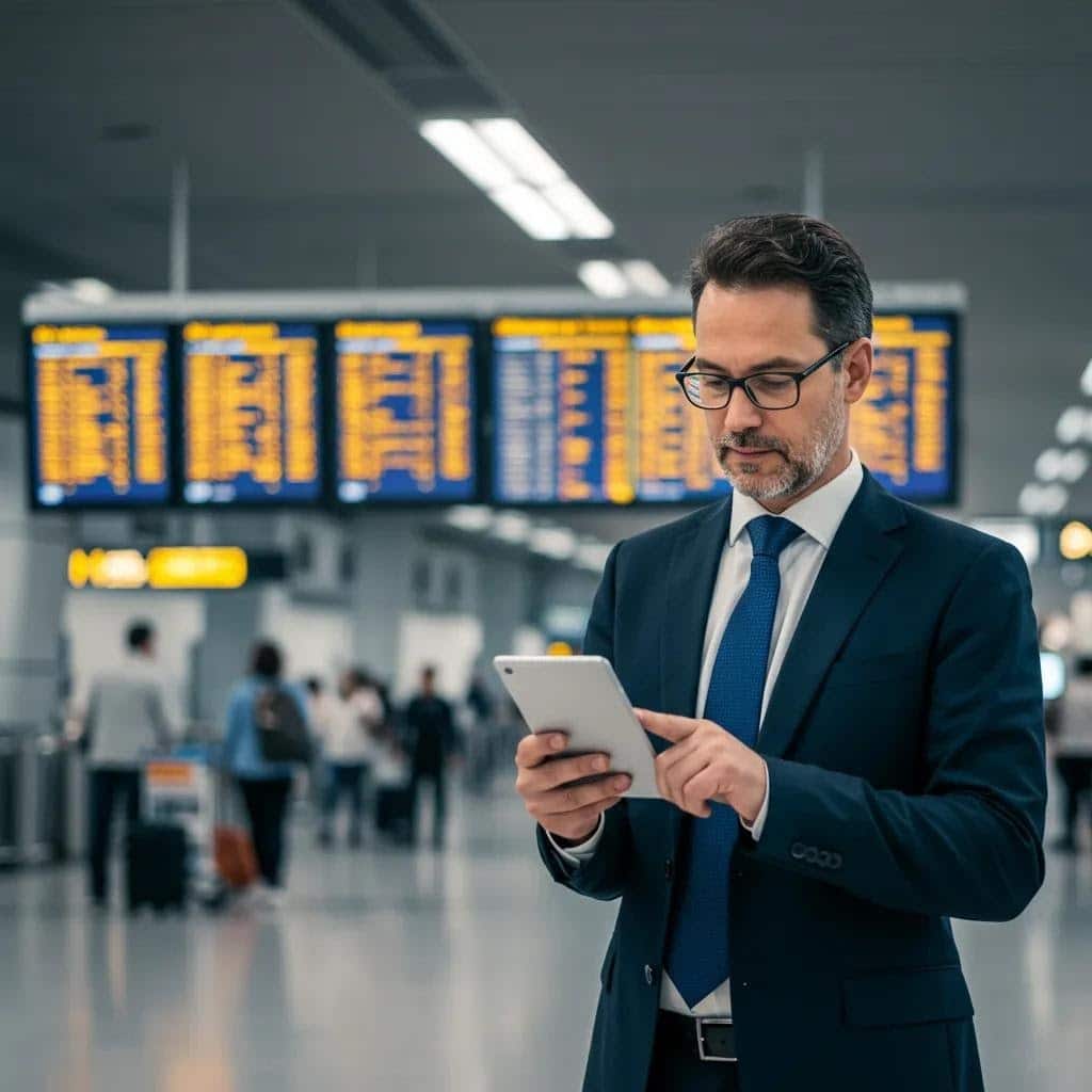 Business traveler reviewing information on a tablet in an airport representing corporate travel security policy and the importance of safe executive mobility.