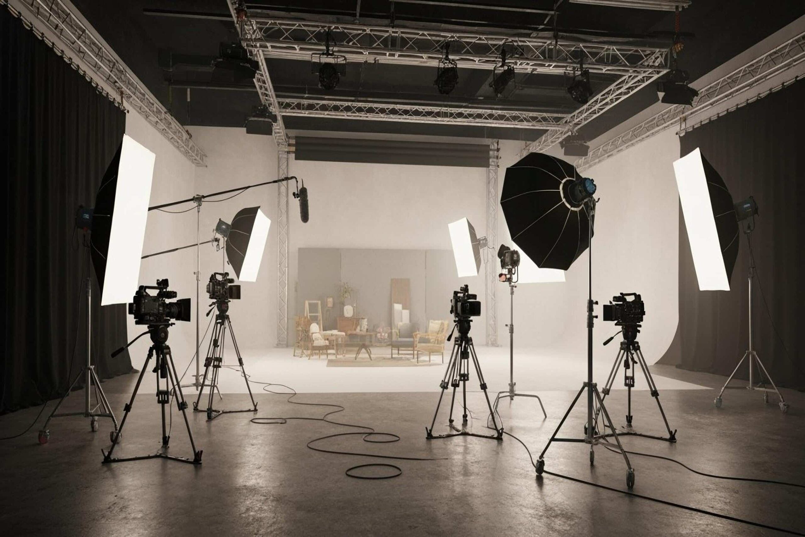 Professional film studio with multiple cameras and lighting equipment protected by production set security services