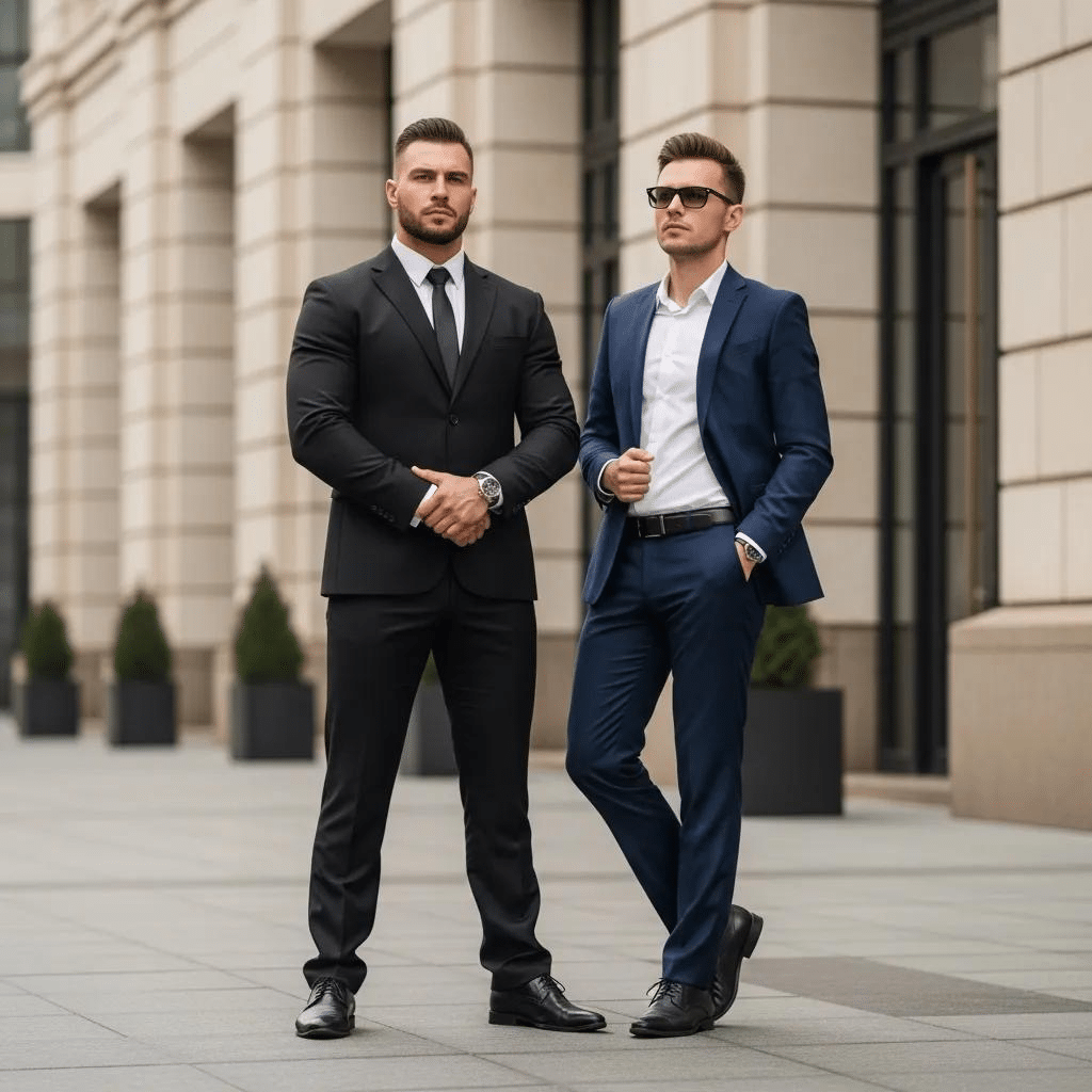 Luxury Executive Protection agents providing discreet close protection for a high-profile client in an upscale urban environment