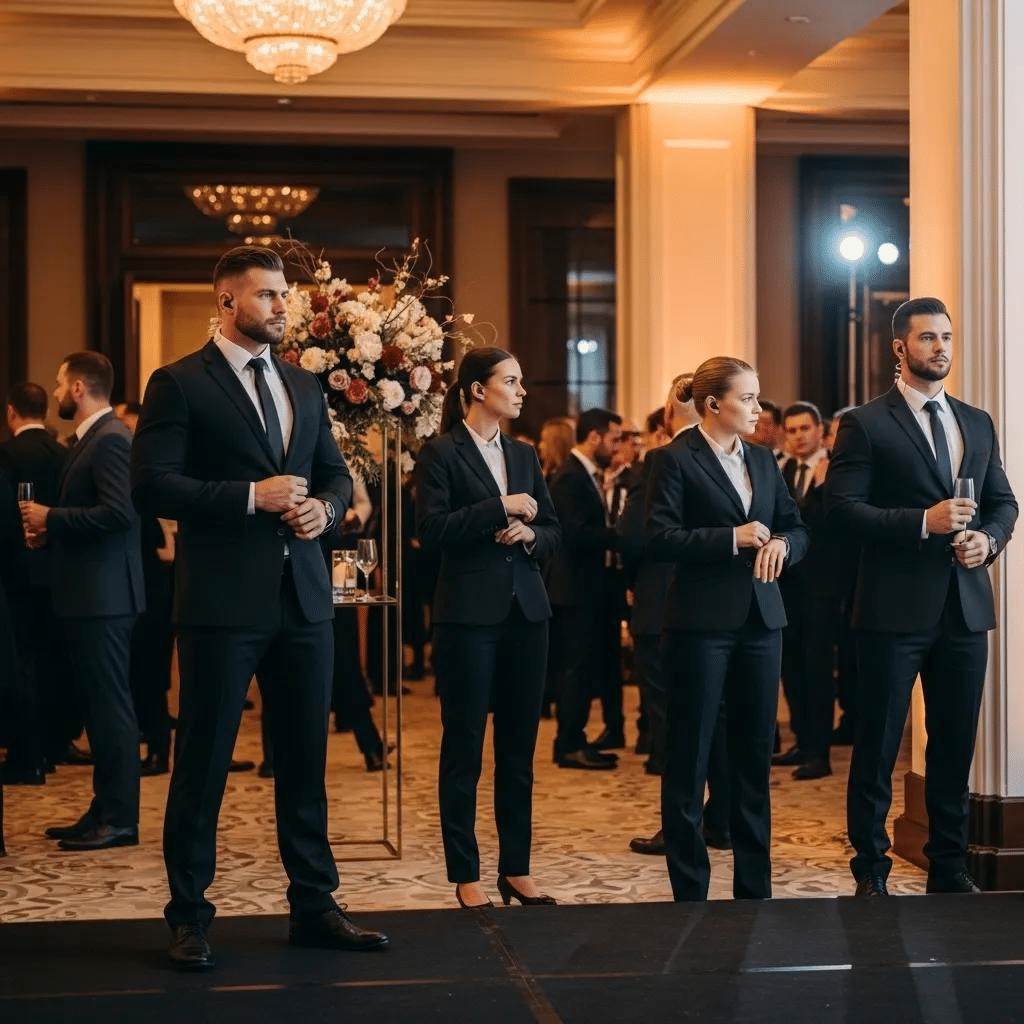 Four close protection agents in dark suits — two male and two female — stand in alert formation along the perimeter of a grand hotel ballroom as guests mingle in the background, conducting post event security risk monitoring as an evening function winds down